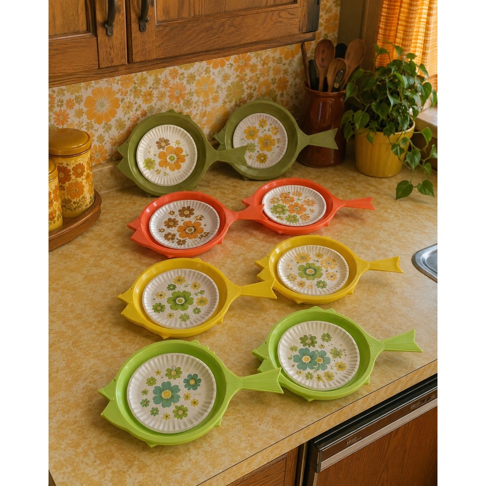 Vintage 70s Fish Paper Plate Holders Set of 8 Retro Plastic Picnic Multi Color